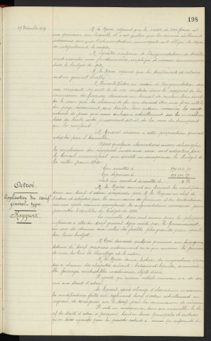 Budget de la ville pour 1920, rapport. Octroi, application du tarif général-type, rapport