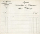 Papier à en-tête pour facture "Liqueur conservatrice et Réparatrice des cidres" Pharmacie Félix Boulard, pharmacien de 1ère classe, à Alençon.