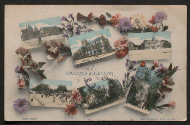 Alençon (Orne), "Souvenir d'Alençon", vues d'Alençon avec le Château, l'église Notre-Dame, l'Hôtel de Ville, la Tour couronnée, la Roseraie, le Champ de Foire, carte postale ancienne multivues noir et blanc, Peslier-Greslebin édition, Alençon, (Date d'utilisation : 11 mars 1907), (14x9), AMA, 3 exemplaires.