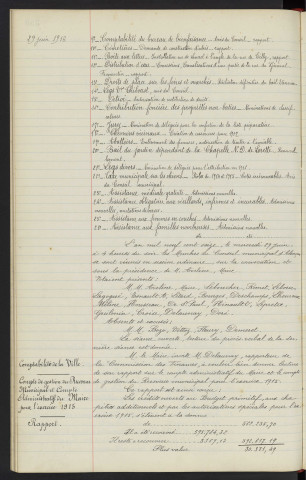 Sommaire sur les affaires à délibérer. Comptabilité de la ville, compte de gestion au receveur municipal et compte administratif au Maire pour l'exercice 1915, rapport