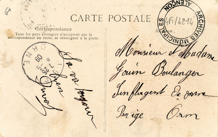 Alençon (Orne), caserne des Hussards, carte postale ancienne noir et blanc, ELD (Ernest Le Deley) éditeur, (Date d'utilisation : 20 mai 1909), (14x9), AMA.