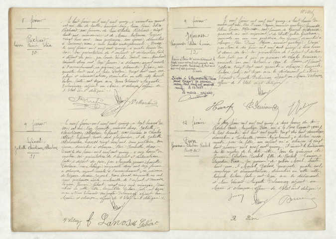 Acte de naissance de RICHARD Léone Renée Elia (8 février 1915), acte de naissance de LEFIANT Juliette Christiane Albertine (9 février 1915), acte de naissance de HARASSE Raymonde Félicie Louise (9 février 1915), reconnaissance de PION Geneviève Célestine Rachel (12 février 1915)
