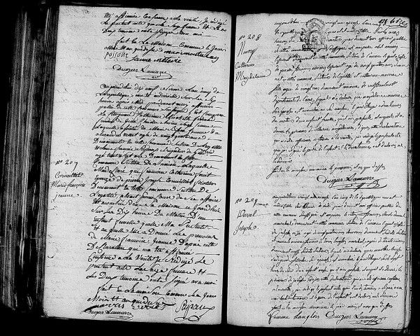 Acte de naissance de PIONCHON François Théodore (7 janvier 1797),acte de naissance de CORNEILLET Marie Françoise Jeanne (8 janvier 1797),acte de naissance de NOURRY Catherine Madeleine (9 janvier 1797),acte de naissance de DUVAL Joseph (9 janvier 1797).