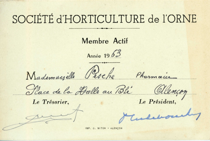 Carte de membre actif à la société d'horticulture de l'Orne (SHO) (1962-1964).