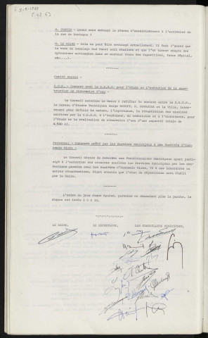 Aménagement du réseau d'assainissement à l'extrémité de la rue de Bretagne. Z.U.P., contrat avec la S.E.B.N. pour l'étude et l'exécution de la construction de réservoir d'eau, bureau technique Serge KETOFF, Mr NOVARINA. Personnel, concours prêté par les services municipaux à des Sociétés d'Économie Mixte.