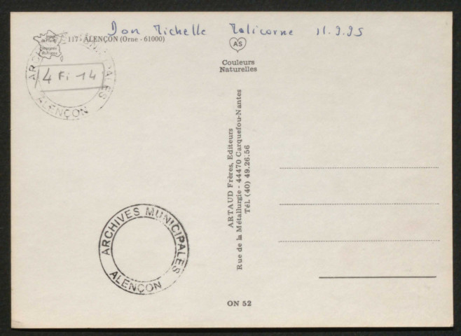 Alençon (Orne), souvenirs d'Alençon, carte postale multivues semi-moderne n°117, Artaud frères, éditeurs, Nantes, sd,.