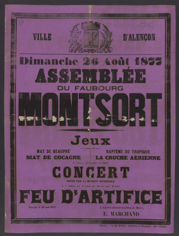 Assemblée du Faubourg de Montsort (dimanche 26 août 1877) : affiche Imprimerie E. de Broise (84cm x 61.5cm).