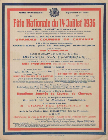 Fête nationale 14 juillet 1936 : affiche Imprimerie alençonnaise (80 x 120).