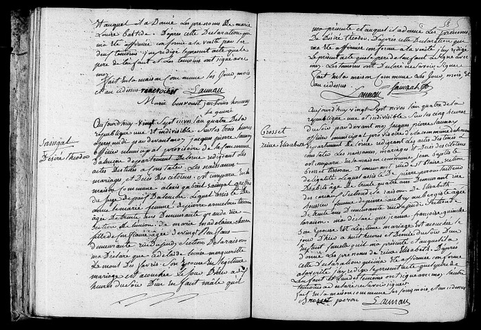 Acte de naissance de ROCHER Marie Louise Battide (16 janvier 1796),acte de naissance de SAINGAL Désiré Théodore (16 janvier 1796),acte de naissance de BROSSET Reine Elisabeth (16 janvier 1796).