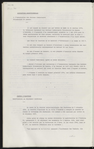 Subvention exceptionnelle à l'association des anciens combattants prisonniers de guerre. Centre d'abattage, modification au règlement intérieur.