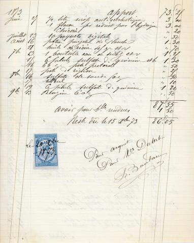Facture Papier à en-tête "H. Duterte Place des Halles Alençon, pharmacien ex-interne des hôpitaux de Paris" (14 décembre 1873).