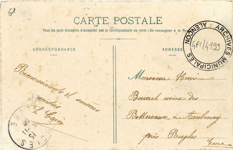 Alençon (Orne), la caserne Valazé, carte postale ancienne colorisée n°7, Maison des Magasins Réunis, Alençon éditeur, (Date d'utilisation : 16 novembre 1908), (14x9),AMA.