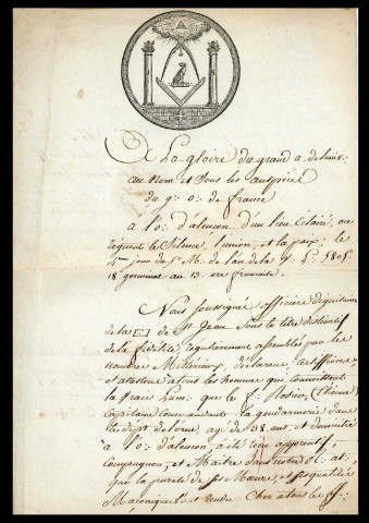 Franc-maçonnerie, intégration (8 avril 1805) : certificat manuscrit attestant qu' Etienne Rosier, Capitaine commandant la gendarmerie dans le département de l'Orne, domicilié à Alençon, a été reçu Apprenti, Compagnon et Maître franc-maçon.