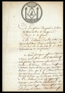 Franc-maçonnerie, intégration (8 avril 1805) : certificat manuscrit attestant qu' Etienne Rosier, Capitaine commandant la gendarmerie dans le département de l'Orne, domicilié à Alençon, a été reçu Apprenti, Compagnon et Maître franc-maçon.