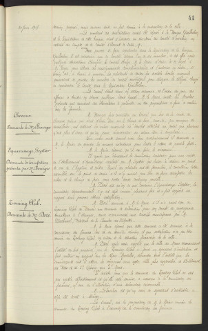 Subvention pour l'association générale de l'aéronautique, construction d'un construction d'un cuirassé remplacement "La Liberté", construction d'un hangar, souscription Vayer, banque GUILLOCHON, demande de Mr DESCHAMPS. Vente de chevaux champ de foire, détérioration des arbres, demande de Mr BOURGES. Equarrissage Septier, demande de désinfection présenté par Mr BOURGES. Tourning club, demande de subvention, demande de Mr DORE