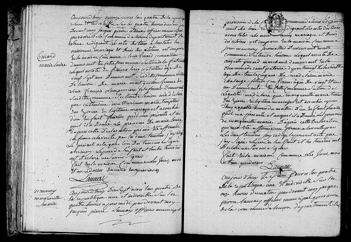 Acte de naissance de BRIARD Marie Louise (5 janvier 1796),acte de naissance de MANOURY Marguerite Marie (7 janvier 1796),acte de naissance de BELLOCHE Armand Stanislas (8 janvier 1796).