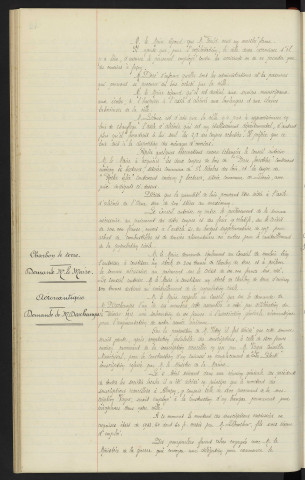 Bois, acquisition des coupes de bois de "Pierre forestière" prés de Glatigny et Roche Elie, Mr GAUTIER régisseur de Mr FOULD, avis du conseil. Constitution d'un stock de charbon de terre, demande de Mr le Maire. Subvention pour l'association générale de l'aéronautique, construction d'un construction d'un cuirassé remplacement "La Liberté", construction d'un hangar, souscription Vayer, demande de Mr DESCHAMPS