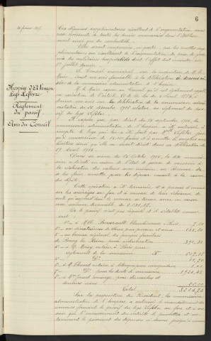 Hospice d'Alençon, vote de crédits supplémentaires, avis du conseil. Hospice d'Alençon, Legs Mlle LEFEVRE, règlement du passif, avis du conseil