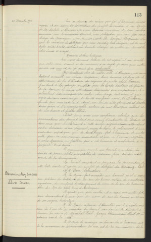 Musée de dentelles, proposition de Mr LEBOUC. Dénomination des rues, pétition habitants Rue des Tisons en Rue des Etats Unis d'Amérique, pétition maintien nom de Rue des Tisons, proposions Nom de Rue Maréchal Foch-Georges Clémenceau Albert 1er, Maréchal Joffre et Rue des Alliées, avis divers