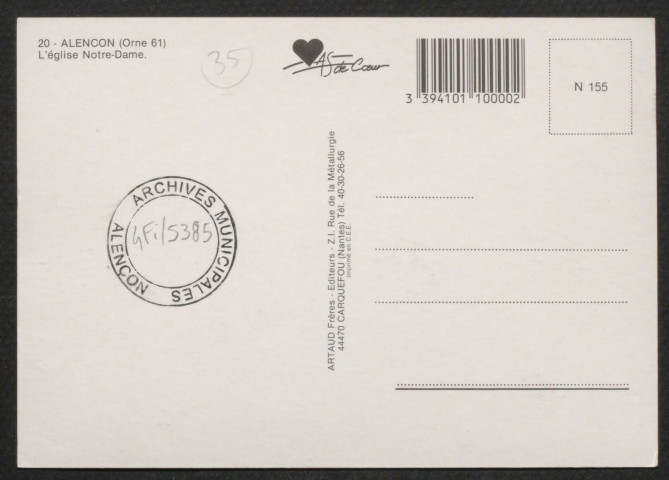 Alençon (Orne), L'église Notre-Dame, carte postale moderne en couleur n°20, Artaud frères, éditeurs, Carquefou-Nantes, sd, (15x10,5), acquisition 2020, AMA.
