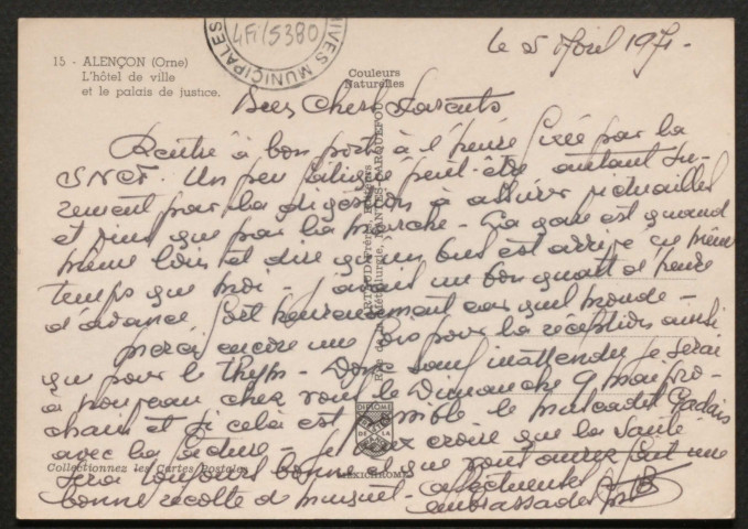 Alençon (Orne), L'hôtel de ville et le palais de justice, carte postale moderne en couleur n°15, Artaud frères, éditeurs, Carquefou-Nantes, (date d'utilisation : 05 avril 1971), (15x10,5), acquisition 2020, AMA.