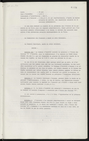 Finances, garantie d'emprunt de 20 000 F à l'union des petites "A" d'Alençon, pour la construction d'une piscine.