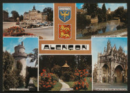 Alençon (Orne), le porche de l'église Notre-Dame, la roseraie du parc des Promenades, le barrage sur la Sarthe, la piscine, l'hôtel de ville, la tour couronnée, blason d'Alençon, blason de la Normandie, carte postale multivues n°110, Artaud frère, éditeur, Nantes, (Date d'utilisation : 31 août 1961), collection particulière Michelle Malicorne.