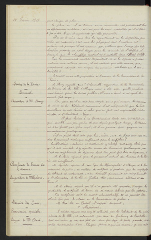Hôtel de Ville, chauffage central, demande de M. Fleury. Service de la voirie, personnel, observation de M. Fleury. Certificat de bonne vie et mœurs, proposition de M. Leprêtre. Service de eaux, commission spéciale, exposé de M. Doré