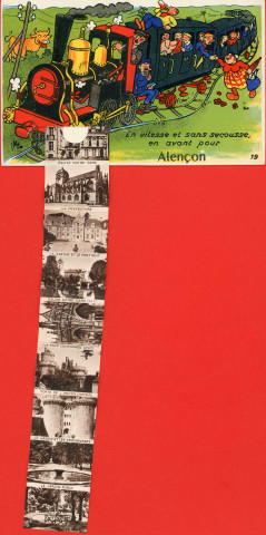Alençon (Orne), "En vitesse et sans secousse, en avant pour Alençon", carte postale humoristique à système couleur n°19, Artaud père et fils, éditeur, Nantes, éditions Gaby, sd, (14x9), AMA.