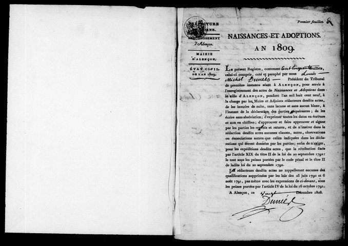 Registre des actes de naissance et adoption (1er janvier - 31 décembre 1809).