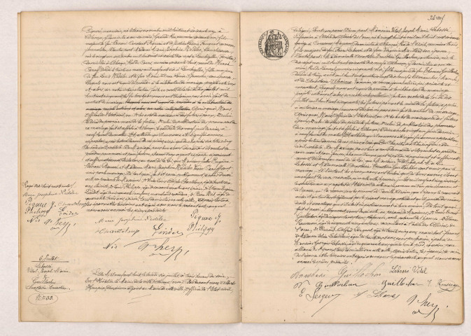 Acte de mariage de PIQUERÉ Jules Eugène Benoni et MÉDÉLEC Marie Joséphine veuve CAROFF (1er Juillet 1908), LEBOSSÉ Vital Joseph Marie et GUILLOCHON Anastasie Ernestine (06 Juillet 1908).