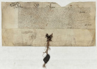 Charte de Jean II, duc d'Alençon en date du 5 décembre 1449, confirmant l'anoblissement de Jean du Mesnil et sa descendance, contresignée par Jean Le Beauvoisien, maître d'hôtel du duc d'Alençon, comte du Perche, vicomte de Beaumont et seigneur de La Guerche : parchemin, sceau brisé en cire brune sur lacs de soie rouge et brune.