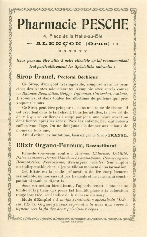 Dépliant publicitaire de la pharmacie Pesche (XXe siècle), extrait du tarif des produits recommandés, des spécialités, des préparations, des eaux minérales, éditeur Alençon imp. A. Herpin.