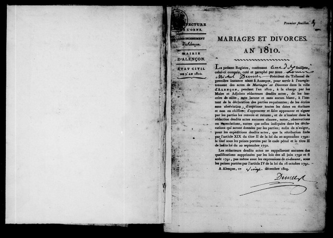 Registre des actes de mariage et divorce (1810).