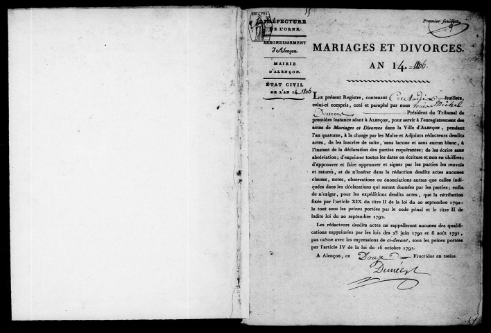 Registre des actes de mariage et divorce (24 septembre 1805-16 décembre 1806).