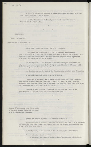 C.E.S. Saint Exupéry, achat de matériel d'éducation physique et sportive, gymnase André Poisson, Mr HUIM directeur de l'établissement. Electricité, C.E.S. Saint Exupéry, installation du comptage E.D.F. Electricité, contrat d'abonnement pour alimentation en moyenne tension du groupe scolaire n°1 du quartier de Perseigne.