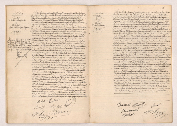 Acte de mariage de COUTREL Arthur François Léon et MICHEL Estelle Alice Agnès Eugénie (22 avril 1909), Acte de mariage de THIERRY Eugène veuf BOULMETet BAMAS Aimée Léontine (22 avril 1909).