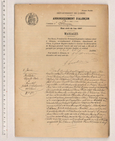 Acte de mariage de GARNIER Alexandre Lucien Clovis et PLANCHON Léa Marcelline Alice (11 Juin 1907), BOURLIER Eugène Albert et EUTROPE Marie Louise Francisca (15 juin 1907),