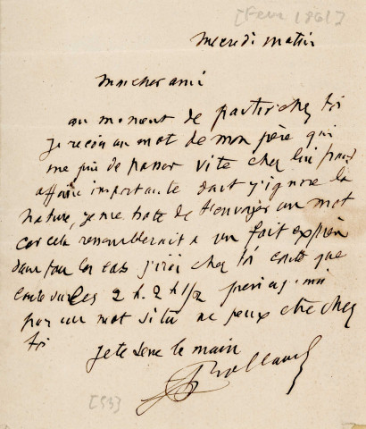 Lettre autographe signée de l'écrivain Amédée de Rolland à l'acteur Adolphe Laferrière [janvier 1861] .