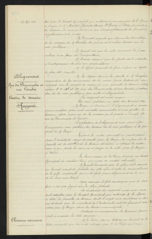 Alignements, chemin vicinal n°12, acquisition de terrain, rapport . Alignement, n°108 et 109 rue des Promenades et rue Candie, cession de terrain