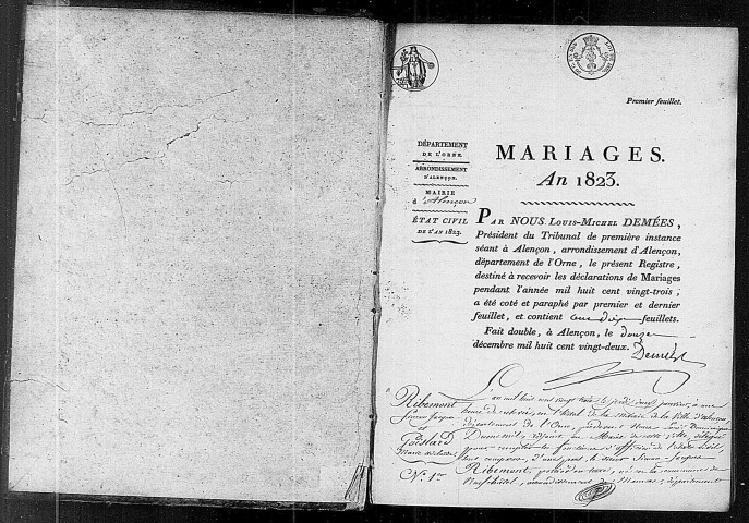 Registre des actes de mariage (1823).
