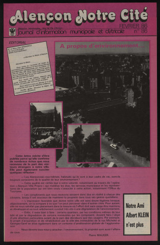Alençon Notre Cité, journal d'information municipale et districale n°86 (février 1986).