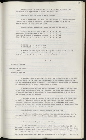 Société anonyme départementale d'H.L.M., élection d'un représentant du Conseil Municipal. Personnel titulaire, conservateur des musées, indemnité spéciale.