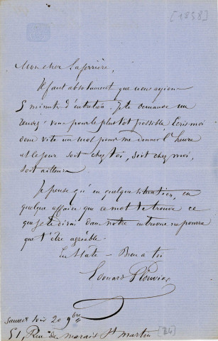 Lettre autographe signée de l'écrivain Edouard Plouvier à l'acteur Adolphe Laferrière (1858).