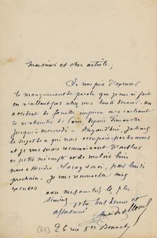 Lettre autographe signée de l'écrivain Amédée de Rolland à l'acteur Adolphe Laferrière (sd) .