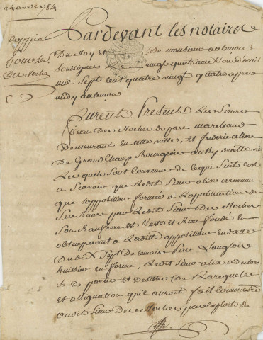 Acte d'opposition au mariage de Sieur Frédéric Alix et Jacqueline Feron par son beau-frère le Sieur Des Roches (24 avril 1784).