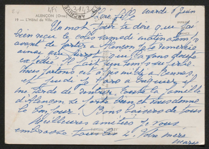 Alençon (Orne), L'Hôtel de Ville, carte postale ancienne noir et blanc n°1, G. Artaud éditeur, Nantes, ED, Brissard, papeterie-tabacs, Alençon, sd, (14x9), AMA.