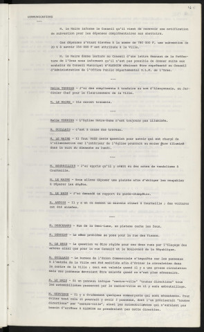 Subvention de 156 000 F pour les dépenses des abattoirs, communication de Mr le Maire. Compliment pour le jardinier fleuriste de la ville d'Alençon. Éclairage Église Notre-Dame. Plainte pour vandalisme à Courteille. Signalisation et élagage pour mauvaise visibilité rue de la Demi-Lune, rue des Tisons, rue Cazault et Boulevard de la République.