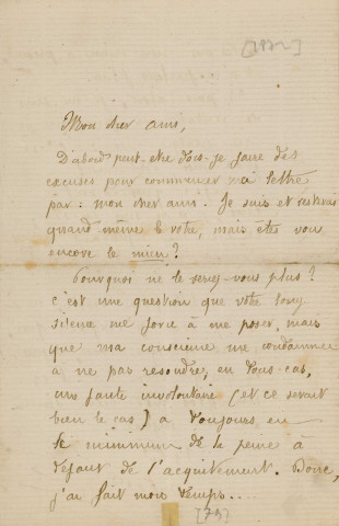 Lettre autographe signée de l'écrivain Alfred Edouard Touroude à l'acteur Adolphe Laferrière [1872].