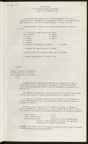 Sommaire sur les affaires à délibérer. Garantie d'emprunt à l'office d'H.L.M de 500 000 F pour le financement I.L.N.. dans la Z.U.P.